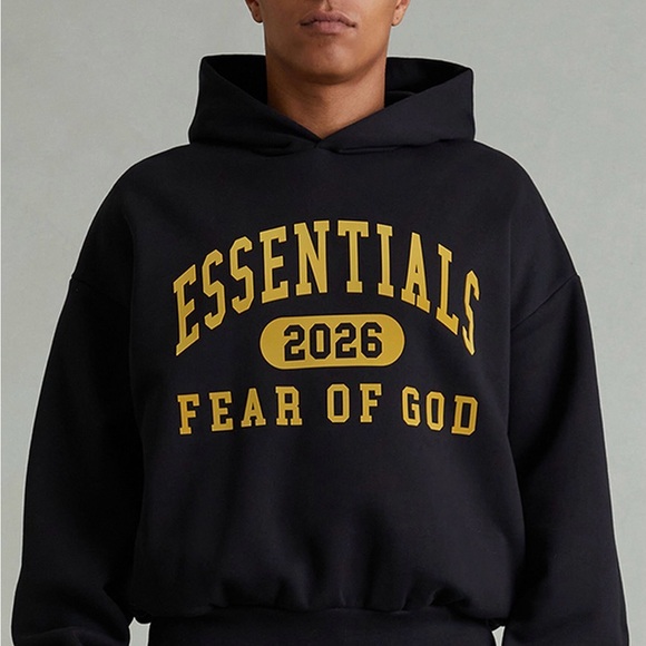 😎sold😎Fear of God Essentials Vintage Black Hoodie with Gold Print - Picture 3 of 5